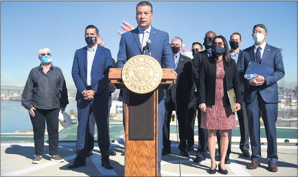 Senator Alex Padilla (D-Calif.) speaks at a press conference to outline how the recent passage of the bipartisan Infrastructure Investments and Jobs Act  will benefit California’s ports and waterway infrastructure and improve supply chain resiliency. Padilla highlighted the Biden Administration’s recent announcement of a multi-billion dollar plan to accelerate investment in our ports, waterways, and freight networks in Long Beach on Friday, November 12, 2021. (Photo by Brittany Murray, Press-Telegram/SCNG)
